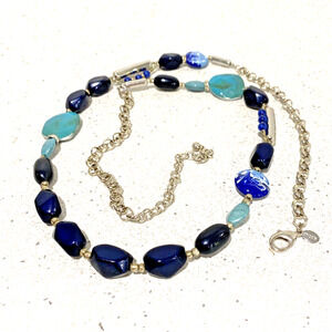 Chico’s Blue Beaded Necklace Single Strand Silvertone Chain & Unique Stone Beads
